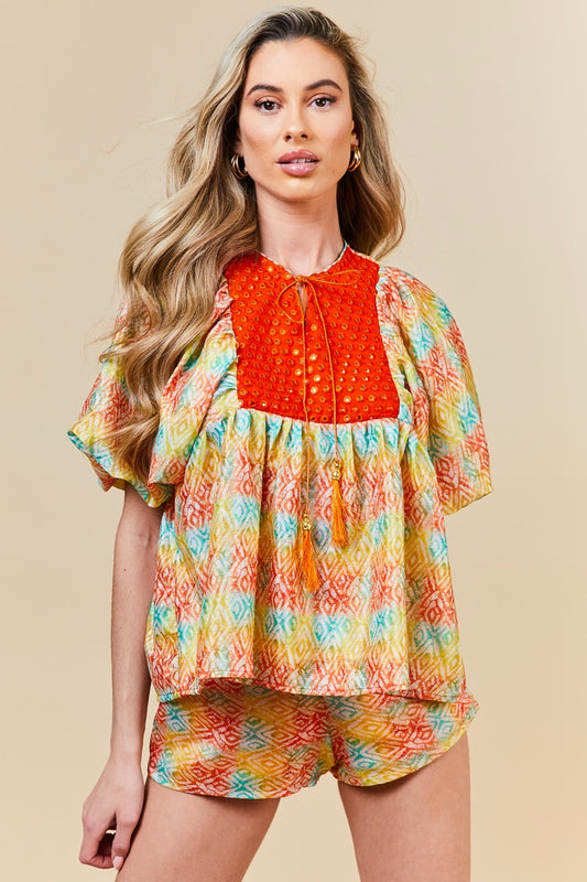 Orange IKAT Mirrorwork Kaftan Top