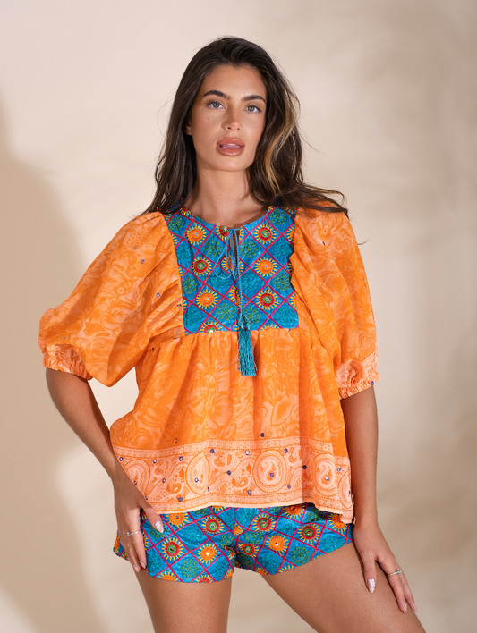 Orange Mirrorwork Kaftan Top